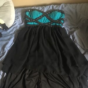 strapless teal and black dress